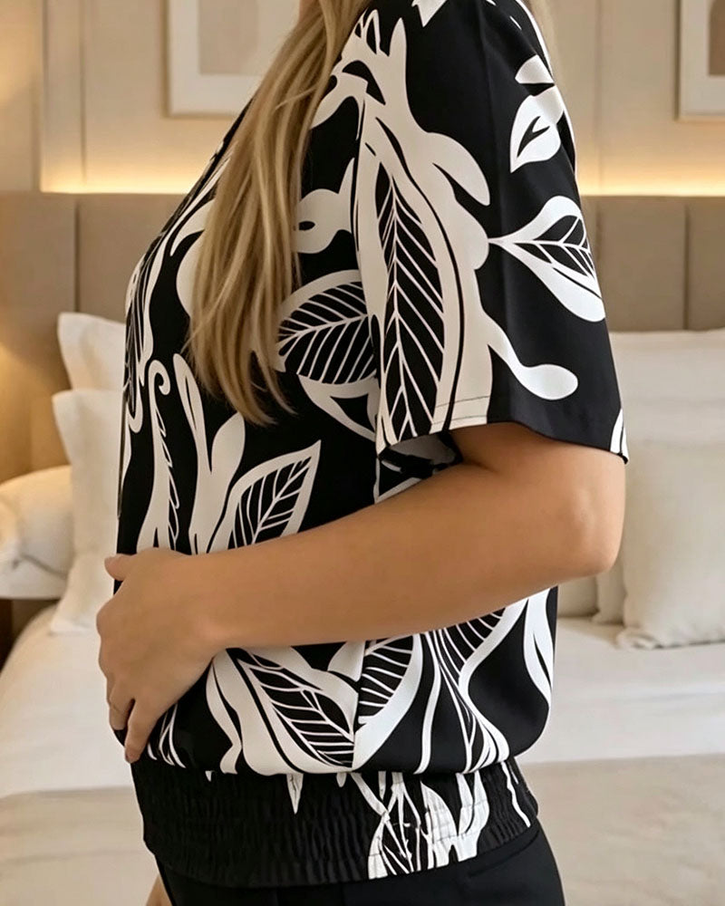 Bluse Blumenprint Gummizug Saum Kurzarm