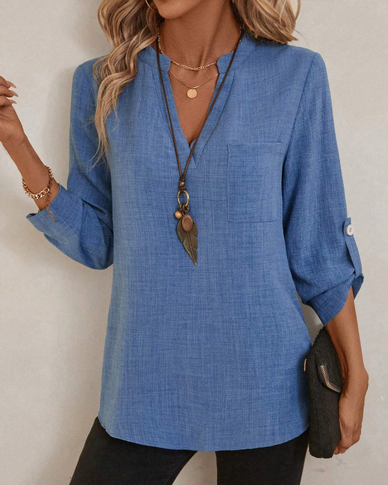 Bluse V-Ausschnitt Einfarbig Langarm Tasche