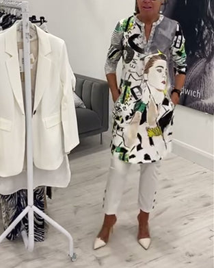 Lässiges, langes Oberteil mit Knopfleiste und Charakter-Print