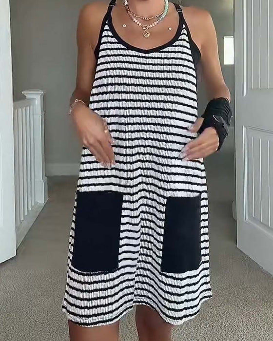 Kleid Träger U-Ausschnitt Tasche Farbblock