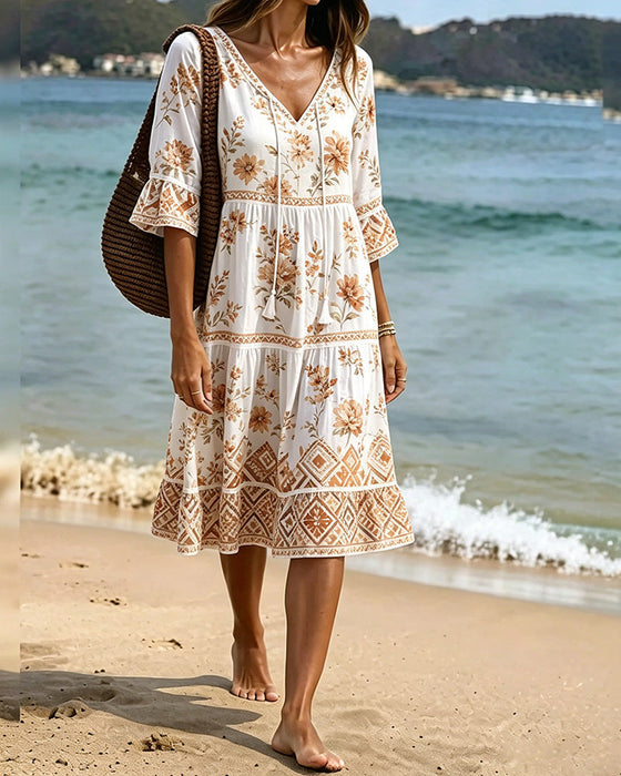Kleid V-Ausschnitt Patchwork Blumig Urlaub