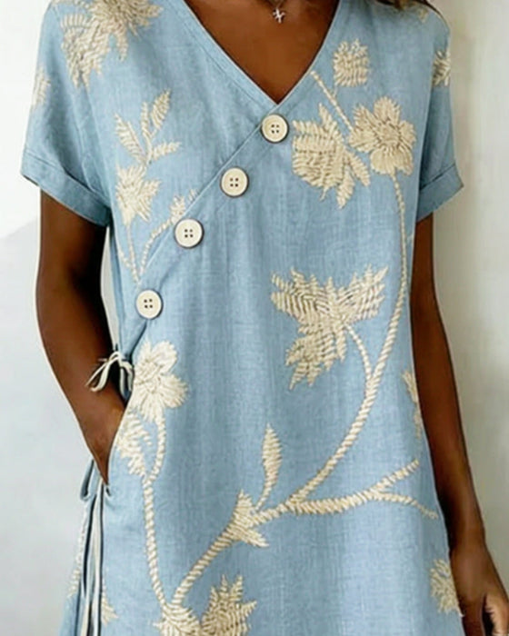 Kleid Diagonal Knopf Druck V-Ausschnitt Mini