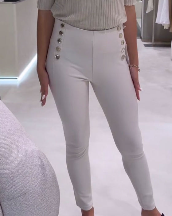 Hose Hohe Taille Seitenknopf Stretch