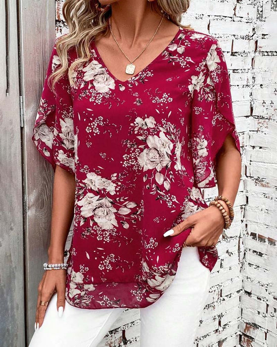 Bluse V-Ausschnitt Bedruckt Doppel-Layer Kurzarm