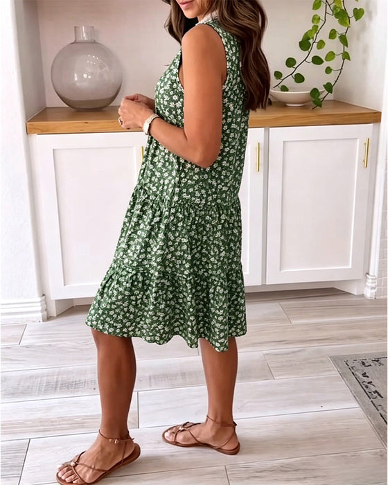 Kleid V-Ausschnitt Ärmellos Blumen A-Linie