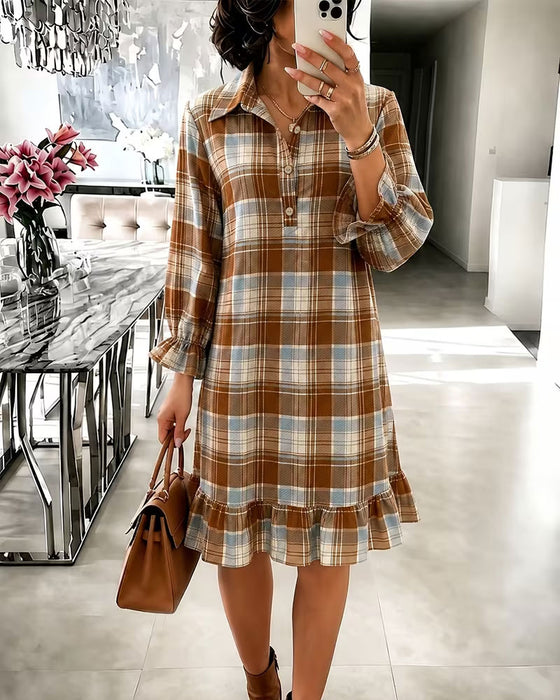Kleid Revers Knopf Kariert