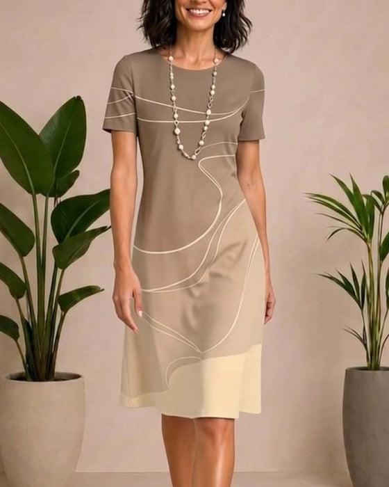 Kleid Runder Ausschnitt Linie Druck Kontrastierend A-Linie