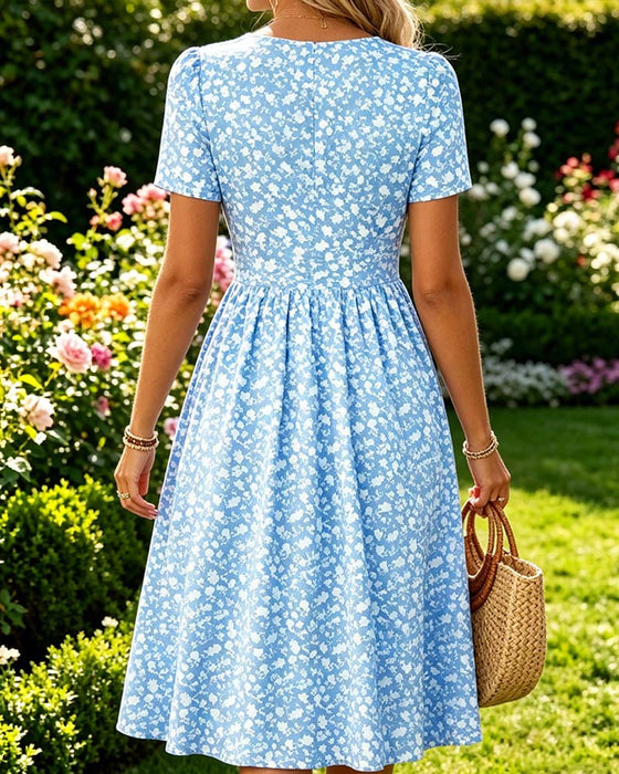 Kleid V-Ausschnitt Kurzarm Kleine Blumen