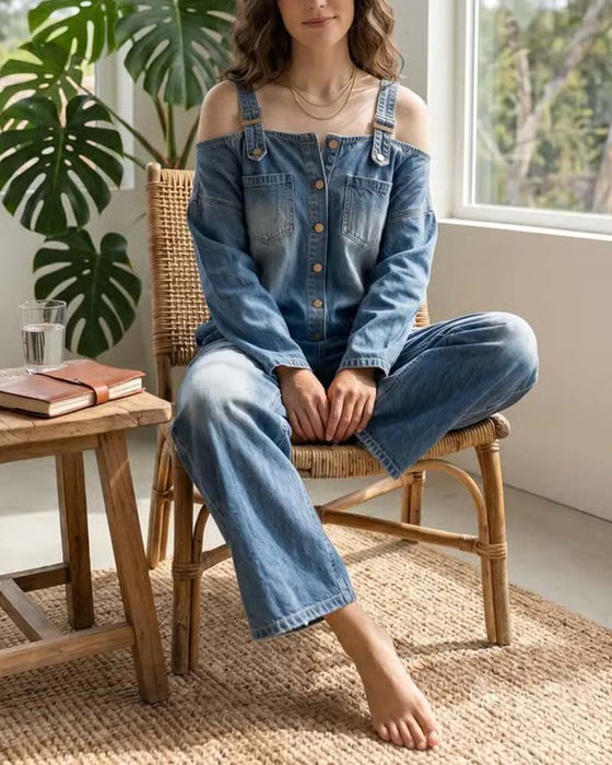 Jumpsuit Spaghettiträger Kalte Schulter Weites Bein Denim