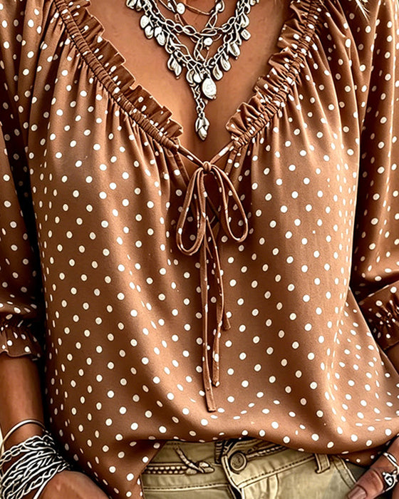 Bluse V-Ausschnitt Rüsche Polka Dot Bindung