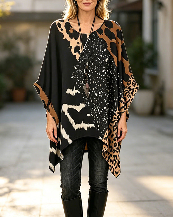 Bluse Rundhals Leopardenmuster Patchwork