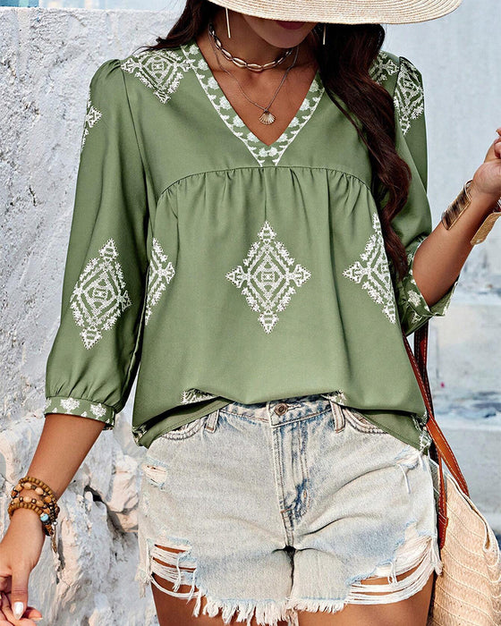 Bluse mit V-Ausschnitt Diamantmuster Dreiviertelärmel