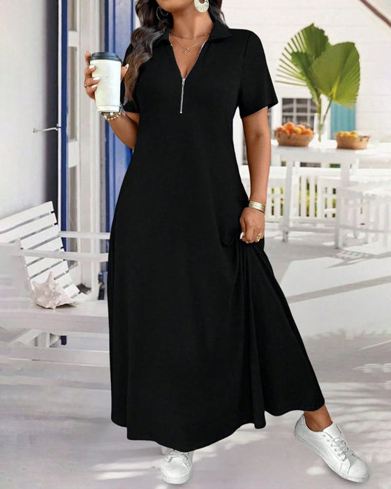 Kleid Kurzer Ärmel Uni Reißverschluss Maxi