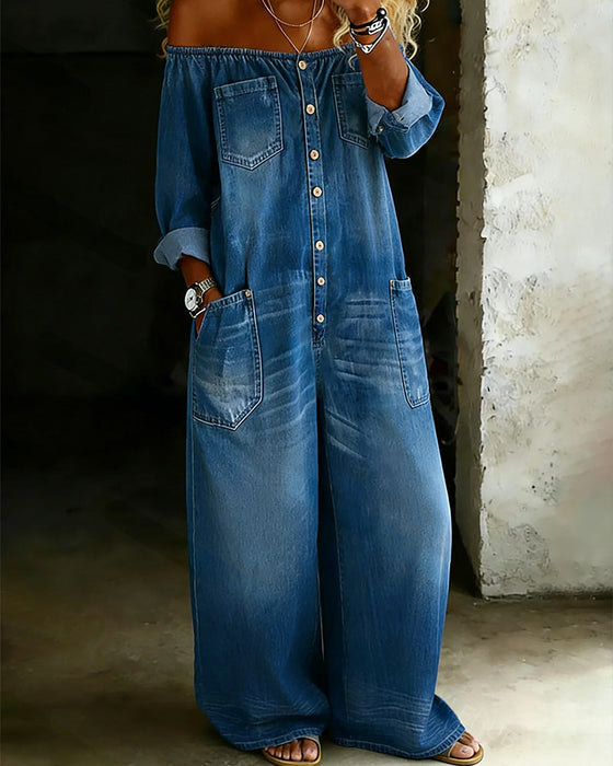 Off-Shoulder-Jumpsuit aus Denim mit weitem Bein