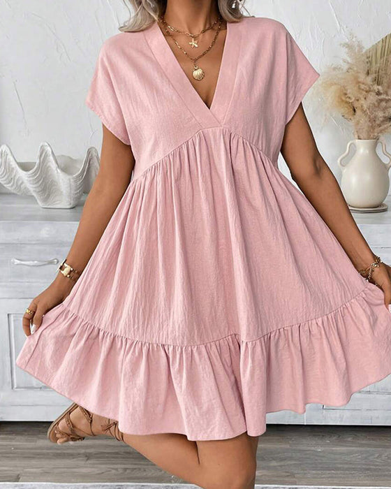 Kleid Solid V-Ausschnitt Rüschen-Besatz