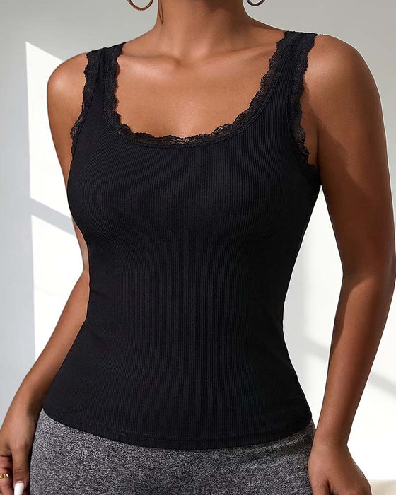 Tank Top Damen Lässig Spitze Besatz Gepolstert