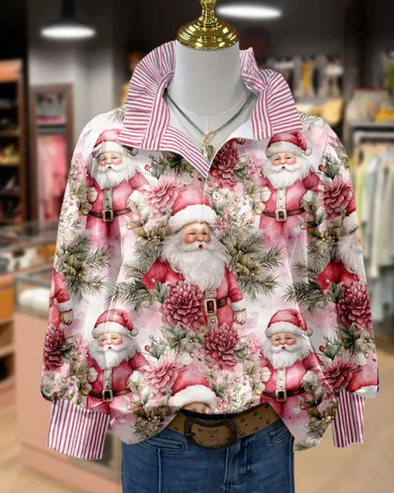 Bluse Umlegekragen Gestreift Rüsche Weihnachtsstil