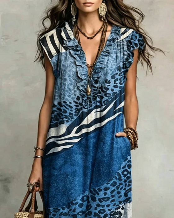 Kleid V-Ausschnitt Rüsche Muster Patchwork