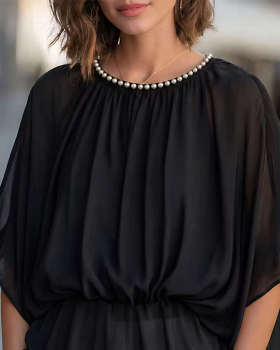 Einfarbige Bluse Mit Fledermausärmeln Und Taillierter Taille
