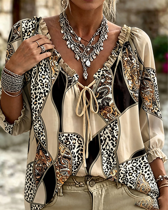 Bluse V-Ausschnitt Leopard Puffärmel Binden