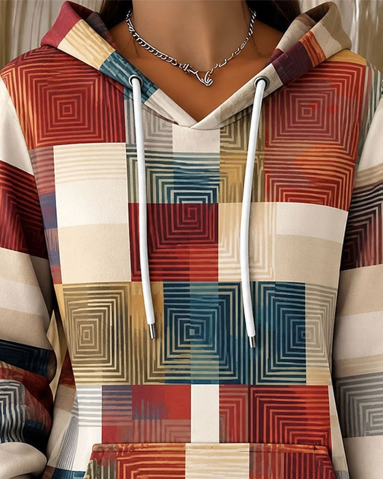 Hoodie Karo Farbblock Kordelzug