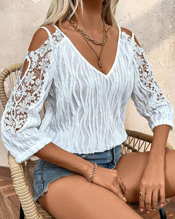 Bluse Spitze Off-Shoulder Gerafft Strukturiert