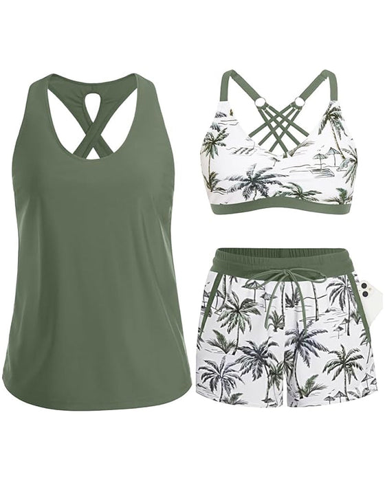 Abdeckung Und Bikini Crisscross Ärmelloses Oberteil + Kordelzug Bedruckte Hose Für