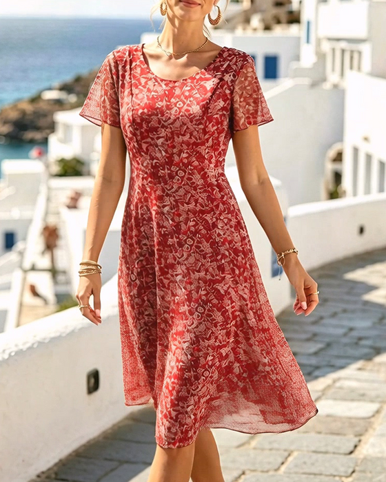Kleid Blumig Kurzarm A-Linie