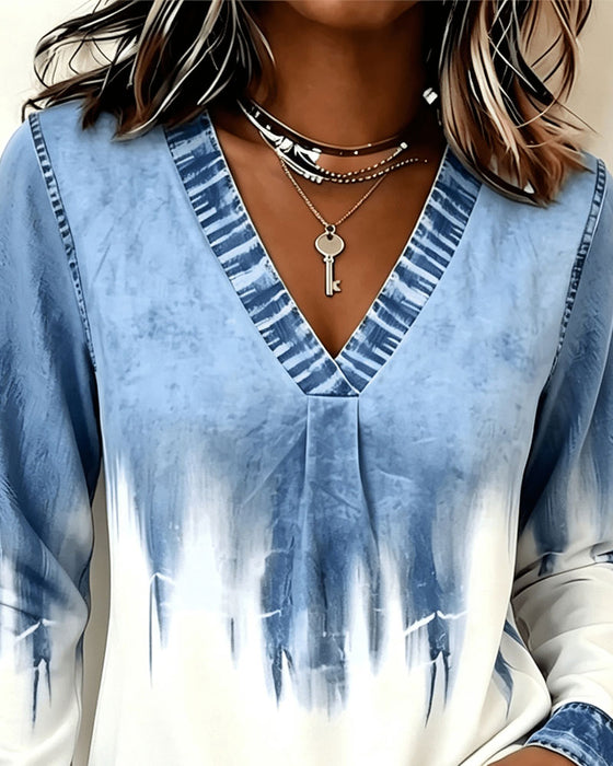 Top Batikdruck V-Ausschnitt Langarm