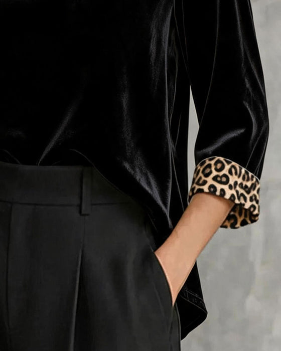 Oberteil Leopardenbesatz Mockneck Samt