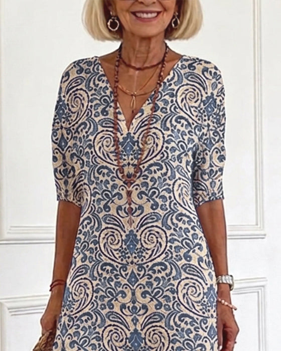 Kleid Vintage Blumenmuster V-Ausschnitt Maxi