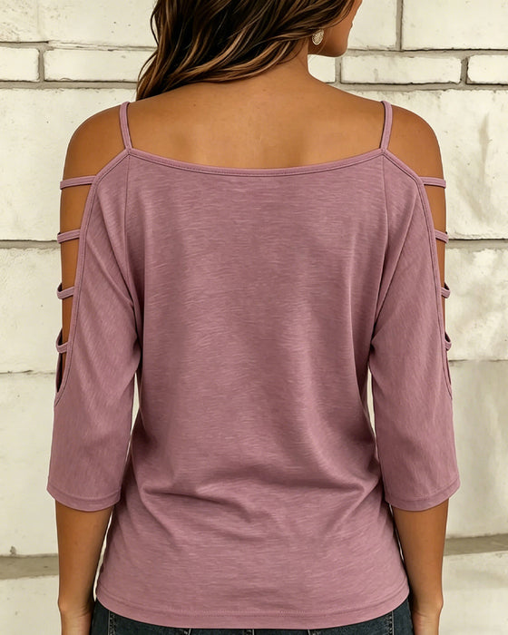 T-Shirt Uni Farbe Ellenbogenlang Ärmel Off-Shoulder