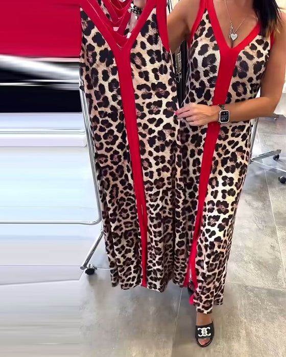Kleid ärmellos elegant Leopardenmuster Kontrast