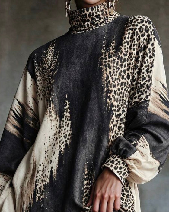 Kleid Rollkragen Leopard Farbblock