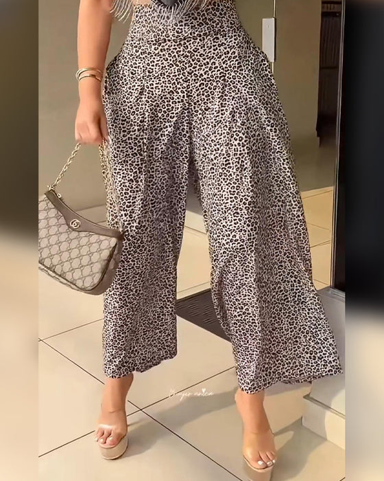 Hose Hohe Taille Weite Beine Leopardenmuster