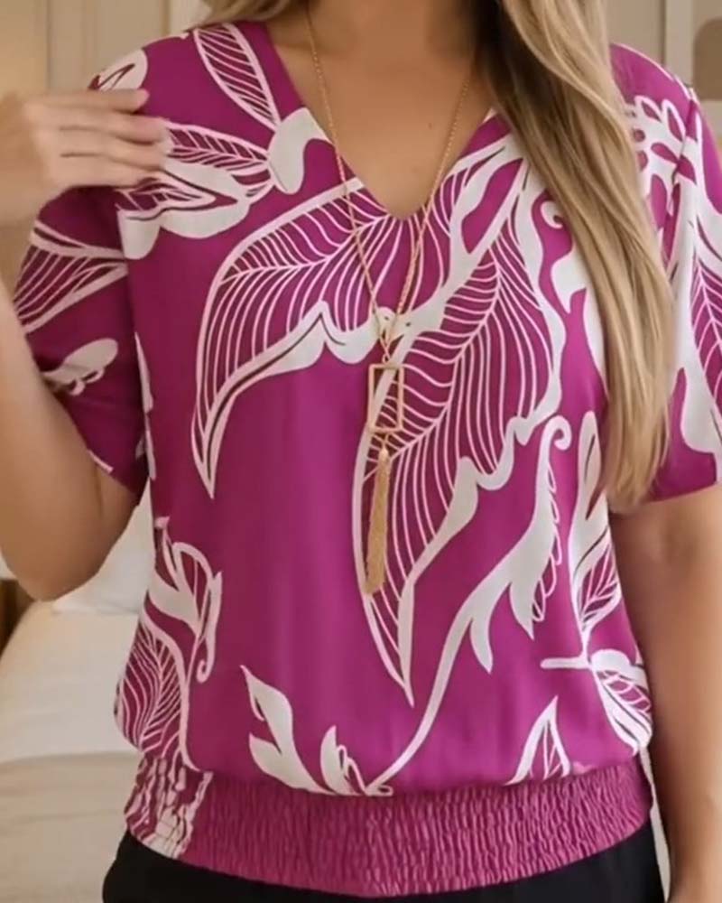 Bluse Blumenprint Gummizug Saum Kurzarm