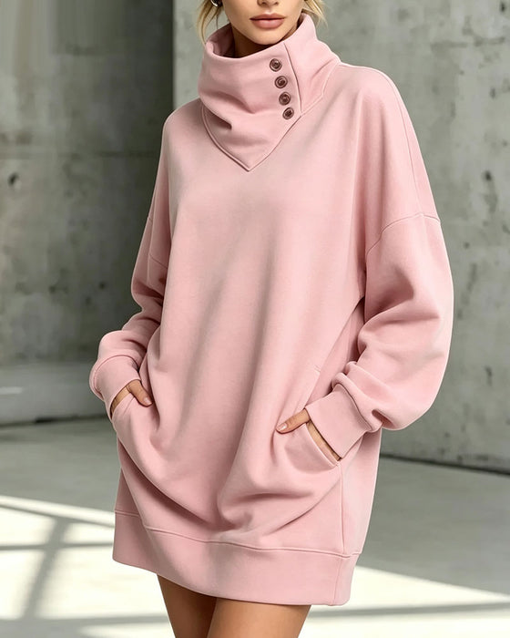 Kleid Rollkragen Diagonaler Knopf Loose Fit