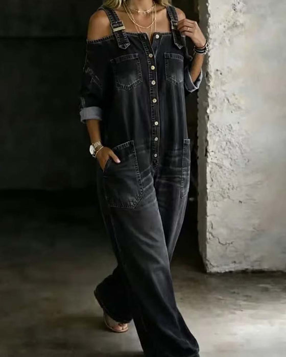Jumpsuit Spaghettiträger Kalte Schulter Weites Bein Denim
