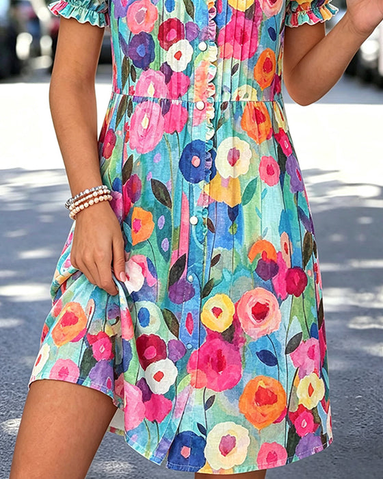Kleid V-Ausschnitt Knopf Puffärmel