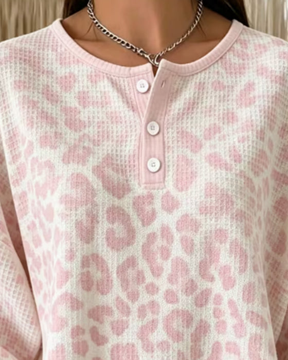 Sweatshirt Rund-Hals Knopf-Leiste Leopard Freizeit