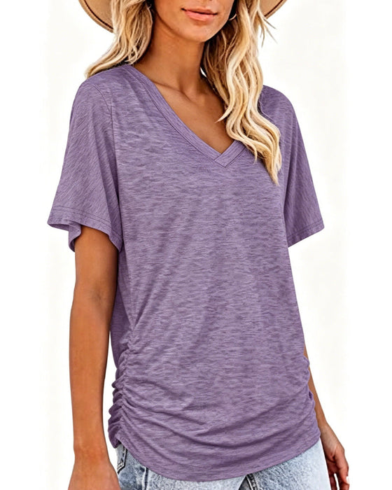 T-Shirt Plissiert Einfarbig V-Ausschnitt