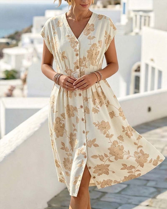 Kleid V-Ausschnitt Print Tailliert Knopfleiste
