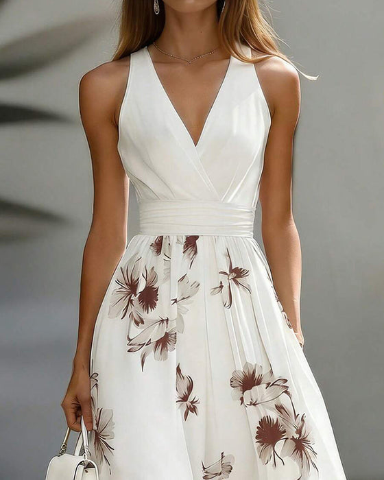 Kleid Ärmellos V-Ausschnitt Taille Blumen