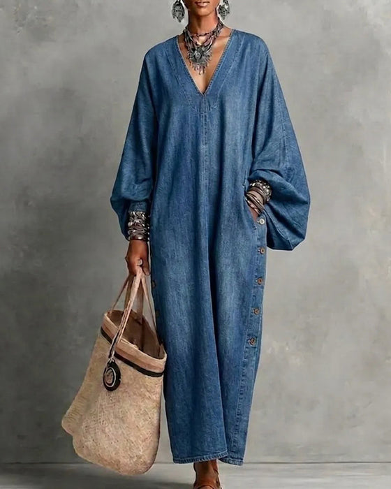 Kleid V-Ausschnitt Tasche Lässig
