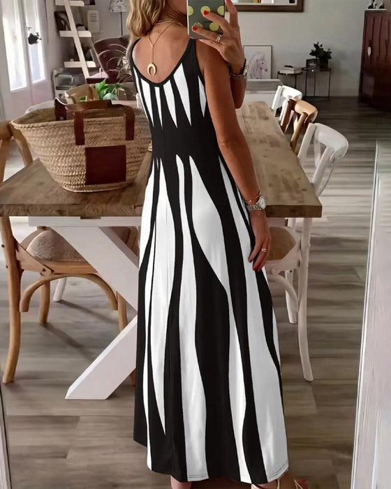 Kleid Gestreift Patchwork Träger V-Ausschnitt