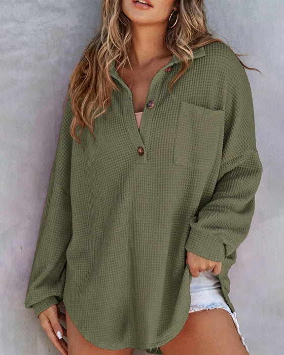 Bluse Unifarben Knopf-Leiste Locker Revers