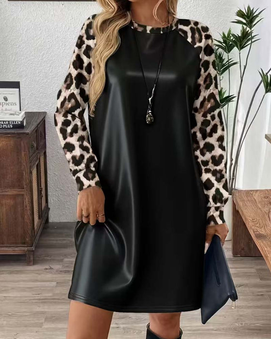 Kleid Rund-Hals Leopard Flickwerk