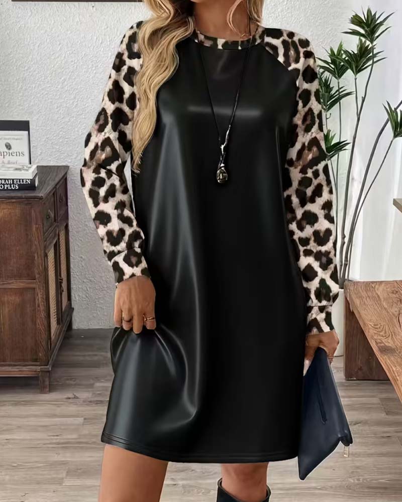 Kleid Rund-Hals Leopard Flickwerk