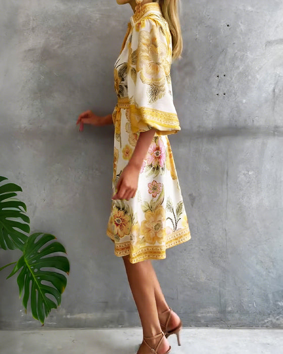Lampenärmel Kleid mit Reverskragen und Print