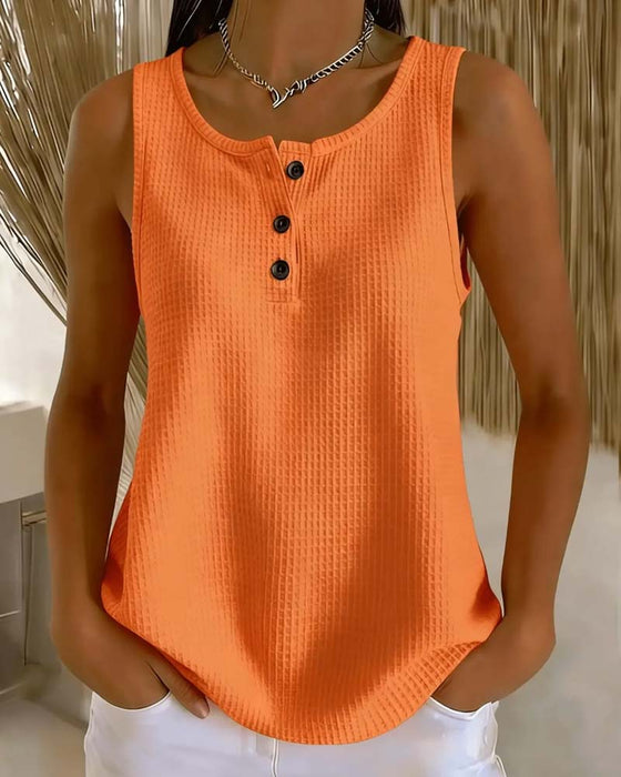 Tank Top Rundhals Ärmellos Waffel Knopf